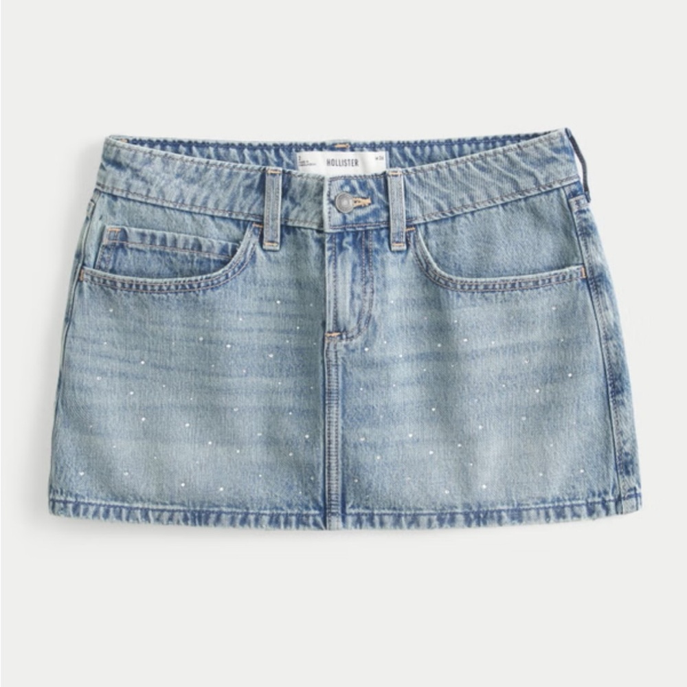Hollister Low-Rise Medium Wash Studded Denim Mini Skort Skirt